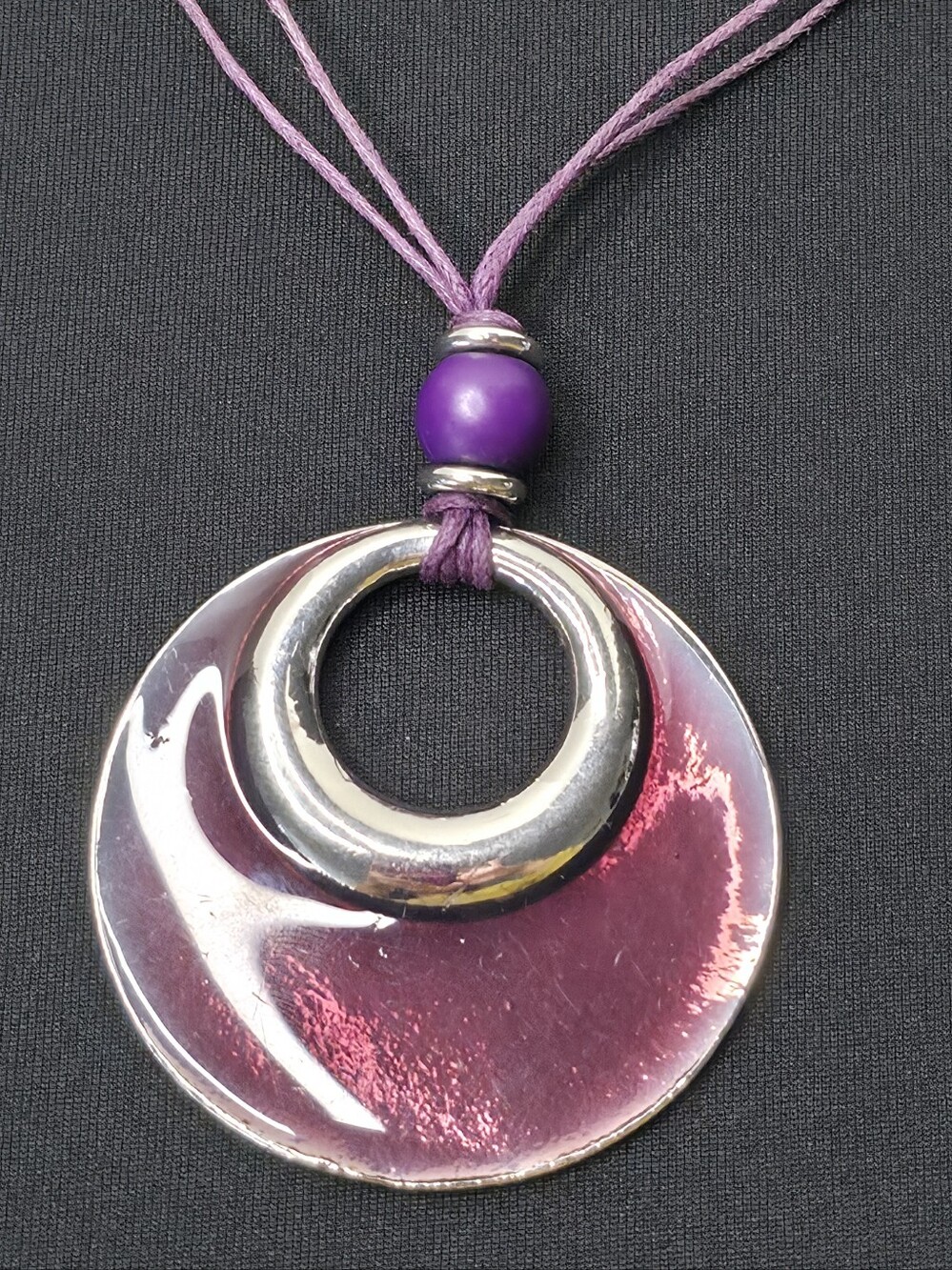 Vintage Y2K Purple Resin Silver Ring Pendant Cord Necklace 2"